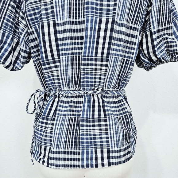 J. Crew Puff Sleeve Wrap Top Patchwork Indigo Blue Cotton Medium - Picture 8 of 10